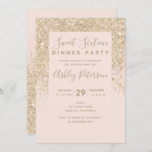 light gold glitter typography blush pink Sweet 16 Invitation