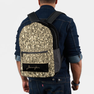 Light Gold glitters sparkles black Custom name Printed Backpack