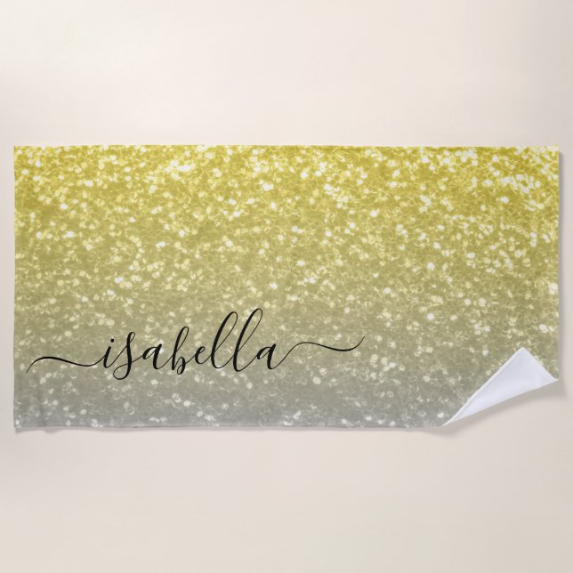 Light gold grey ombre faux sparkles Custom name Beach Towel (Front)