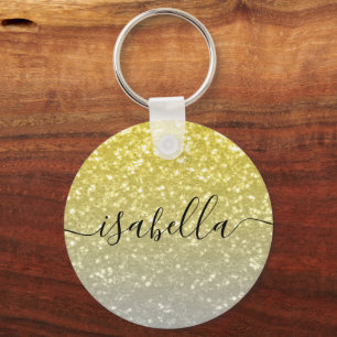 Light gold grey ombre faux sparkles Custom name Key Ring