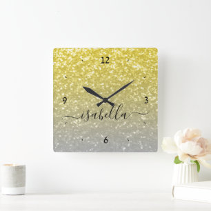 Light gold grey ombre faux sparkles Custom name Square Wall Clock