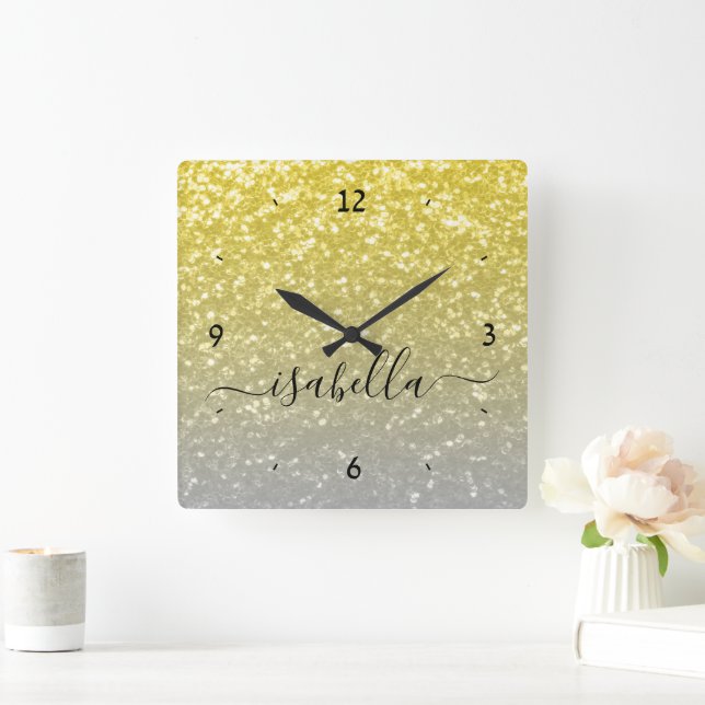 Light gold grey ombre faux sparkles Custom name Square Wall Clock (Home)