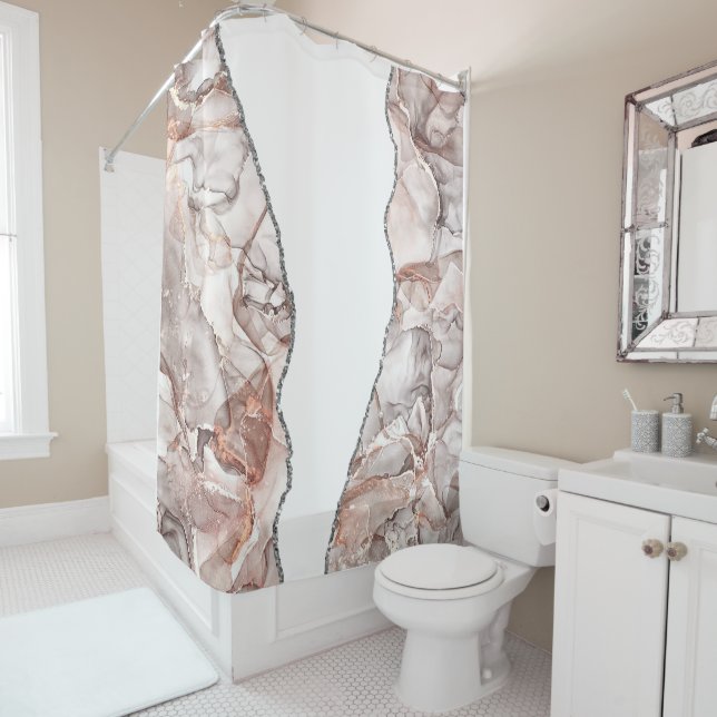 LIGHT GOLD MARBLE AGATE SILVER GLITTER GLAM SHOWER CURTAIN (In Situ)