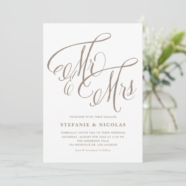 Light Gold Mr. and Mrs. Rustic Calligraphy Wedding Invitation (Standing Front)