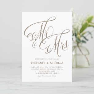 Light Gold Mr. and Mrs. Rustic Calligraphy Wedding Invitation
