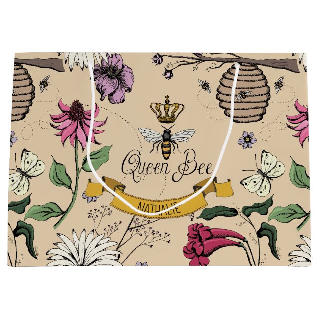 Light Gold Queen Bee Crown Large Gift Bag (Front)