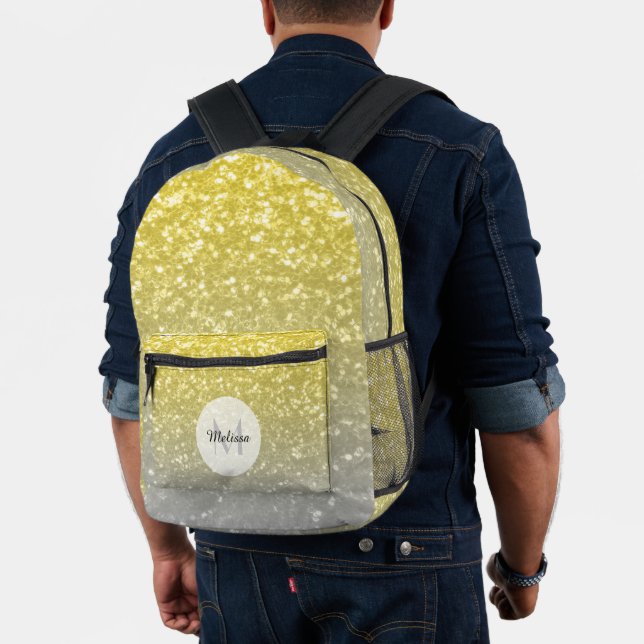 Light gold silver grey ombre faux sparkle Monogram Printed Backpack (Insitu (Model))