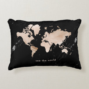 Light Gold World Map on Black Marble Decorative Cushion