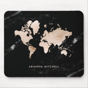 Light Gold World Map on Black Marble Mouse Pad