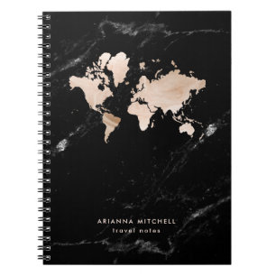 Light Gold World Map on Black Marble Notebook