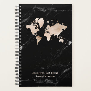 Light Gold World Map on Black Marble Planner