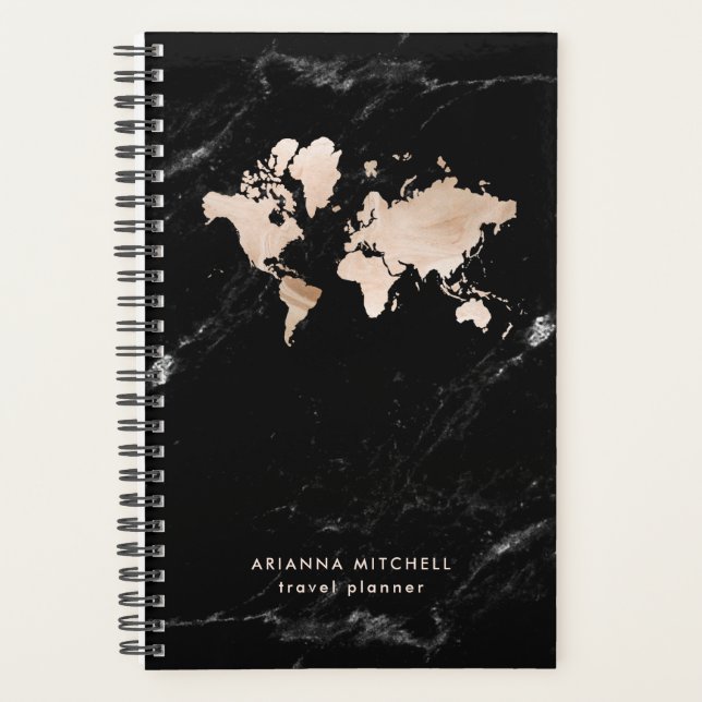 Light Gold World Map on Black Marble Planner (Front)
