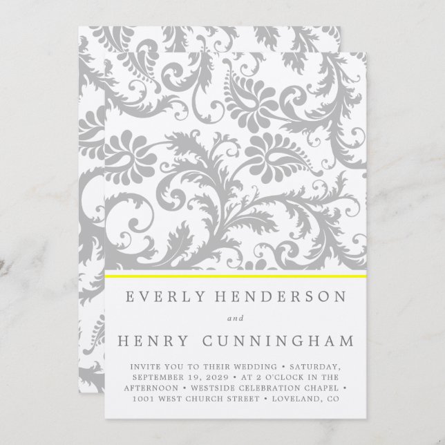 Light Gray and Yellow Damask Wedding Invitation (Front/Back)