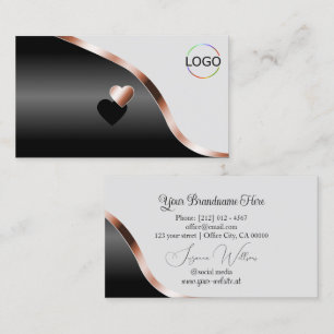 Light Gray Black Wavy Rose Gold Decor Hearts Logo Business Card