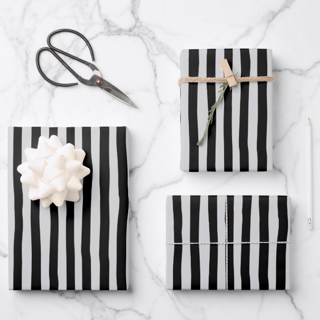 Light Gray & Black Wonky Stripes Wrapping Paper Sheet (Front)