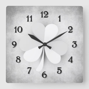 Light Gray Clover with Heart Shaped Leaves Irish Square Wall Clock