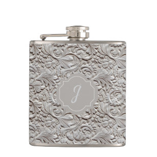 Light Gray Faux Tooled Leather Vinyl  Hip Flask
