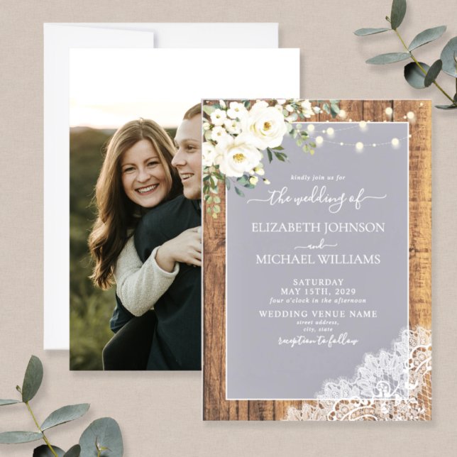 Light Gray Rustic Wood Script Lace Photo Wedding Invitation (Creator Uploaded)