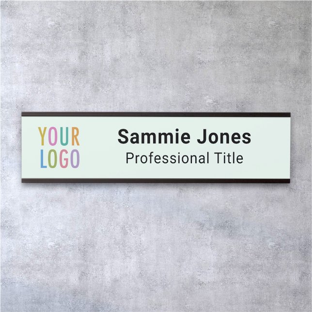Light Green 2x8 Hanging Name Plate Business Logo (MISOOK Mint Green Name Plate with Logo and Job Title Black Frame)