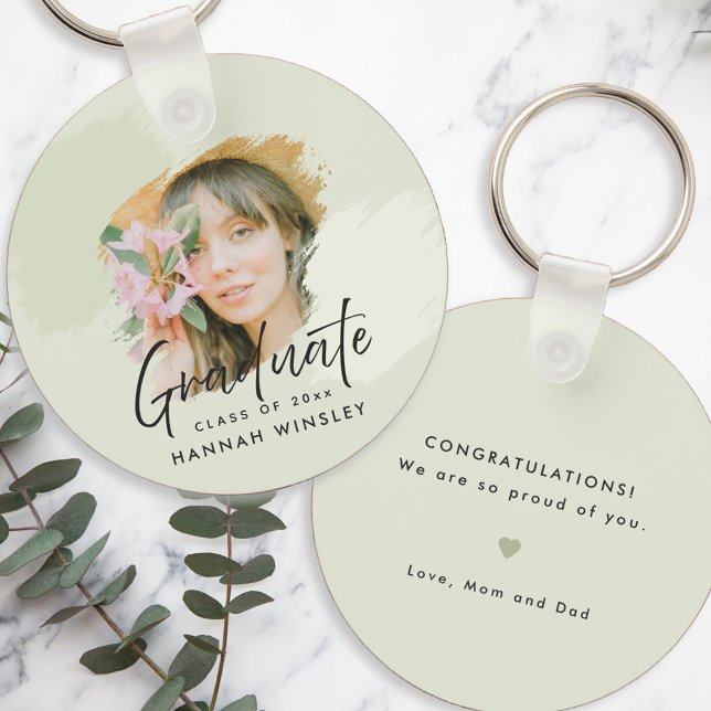 Light Green Add Your Photo Custom Graduation Guest Key Ring (sage green graduation keychain gift with custom photo and message for daughter, son, grandchild)
