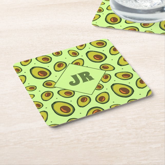 Light Green and Olive Avocado Fruit Patterned Square Paper Coaster (Angled)