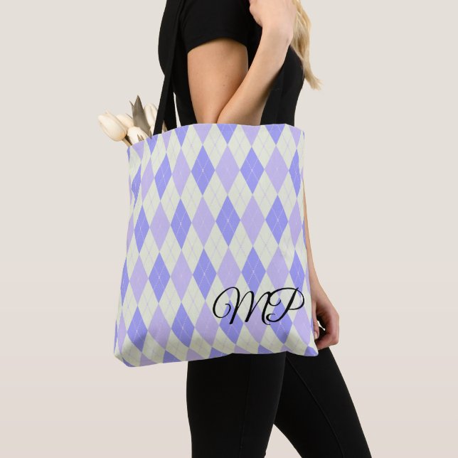 Light Green and Shades of Purple Argyle Pattern Tote Bag (Close Up)