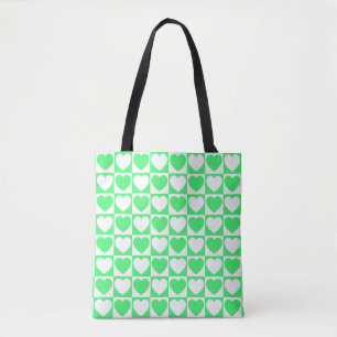 Light Green and White Chequered With Hearts Tote Bag