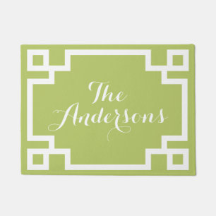 Light Green and White Greek Key Monogram Doormat