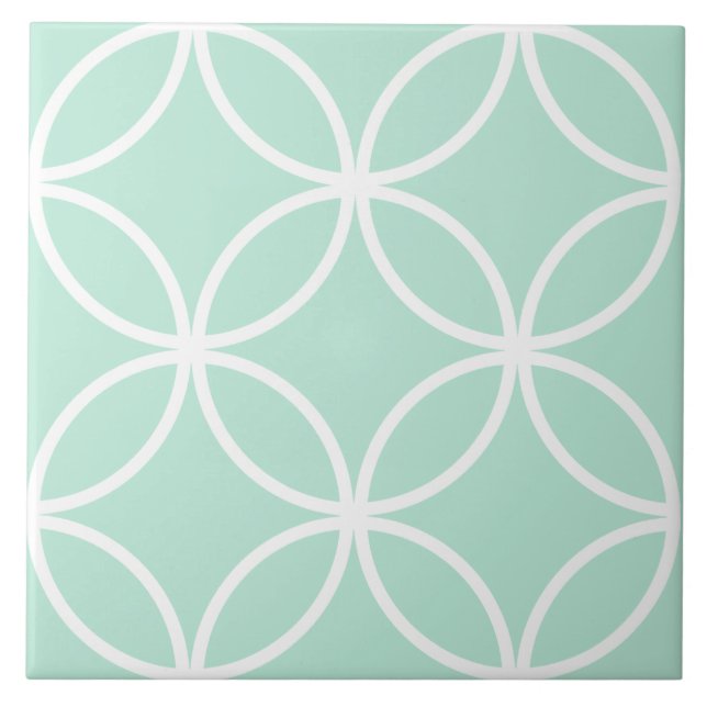 Light green and white repeat circle leaf pattern ceramic tile (Front)