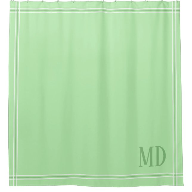 Light Green and White Striped Custom Initials Shower Curtain (Front)
