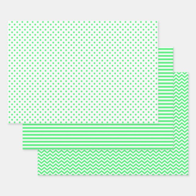 Light Green and White Stripes Chevron Polka Dots Wrapping Paper Sheet (Set)