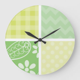 Light Green and Yellow Cute Chequered Large Clock