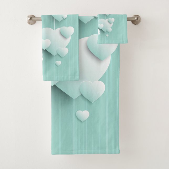 Light green background with 3D white hearts  Bath Towel Set (Insitu)