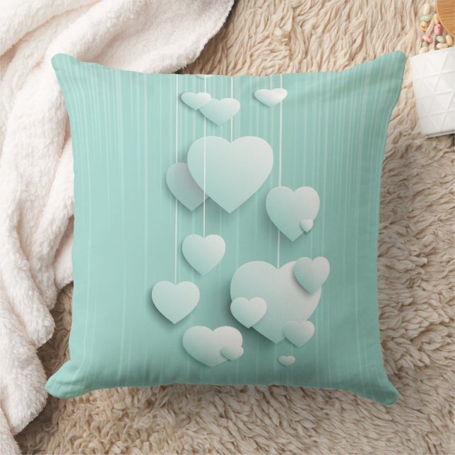 Light green background with 3D white hearts   Cushion (Blanket)