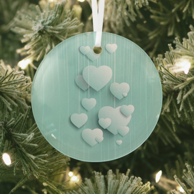 Light green background with 3D white hearts  Glass Tree Decoration (Insitu)