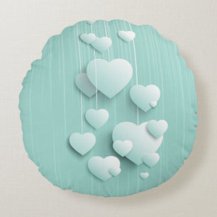 Light green background with 3D white hearts Round Cushion