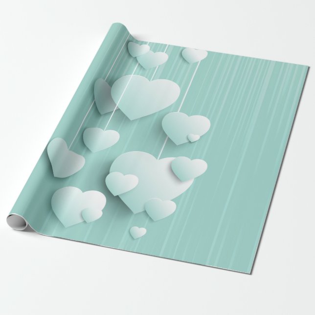 Light green background with 3D white hearts    Wrapping Paper (Unrolled)