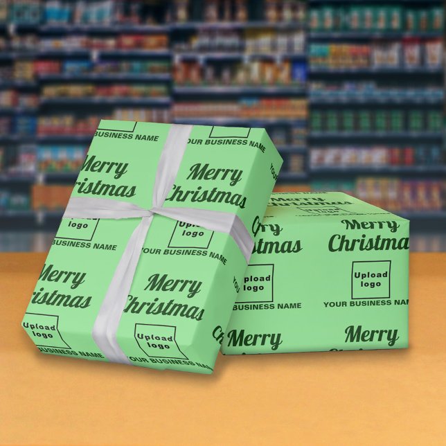 Light Green | Business | Christmas Wrapping Paper (Business name and logo with Merry Christmas greeting on light green wrapping paper)