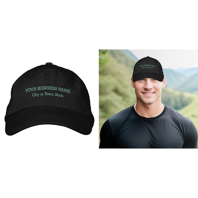 Light Green Business Text Embroidered on Cap (Business name and location embroidered on cap in light green thread)