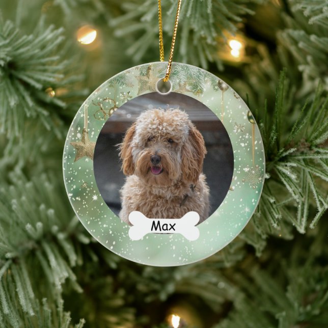Light Green Custom Pet Puppy Dog Photo Ceramic Ornament (Tree)