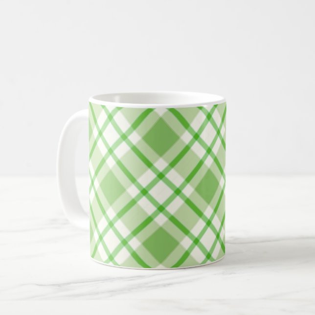 Light green diagonal check pattern coffee mug (Front Left)