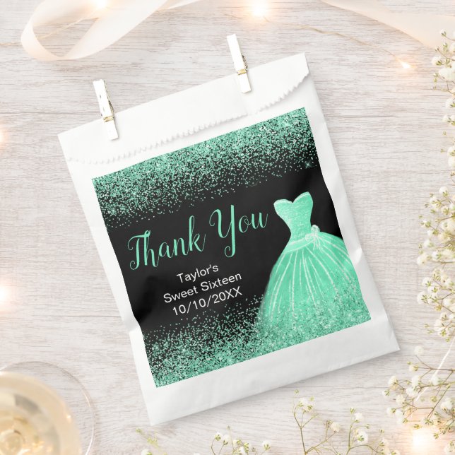 Light Green Dress Faux Glitter Sweet 16 Birthday Favour Bag (Clipped)