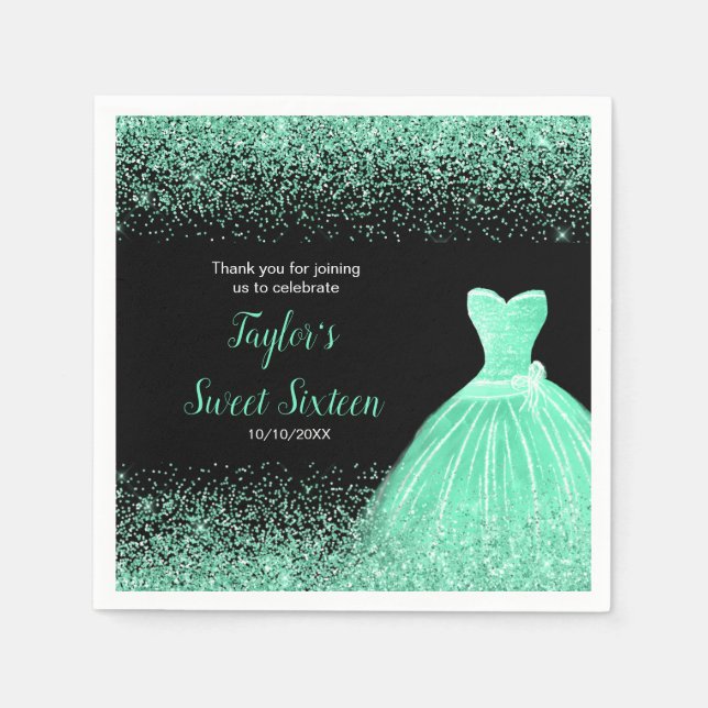 Light Green Dress Faux Glitter Sweet 16 Birthday Napkin (Front)