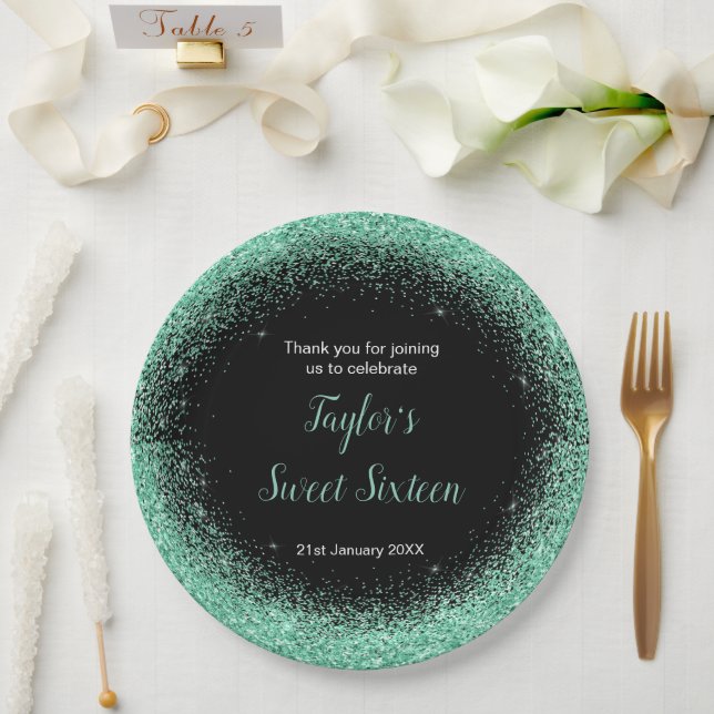 Light Green Dress Faux Glitter Sweet 16 Birthday Paper Plate (Wedding)