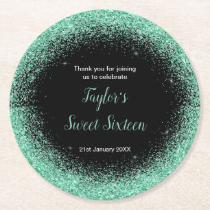 Light Green Dress Faux Glitter Sweet 16 Birthday Round Paper Coaster