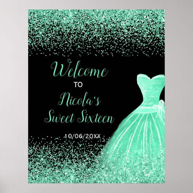 Light Green Dress Faux Glitter Sweet 16 Welcome Poster (Front)