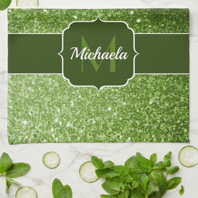 Light green faux glitter sparkles Monogram Tea Towel (Folded)