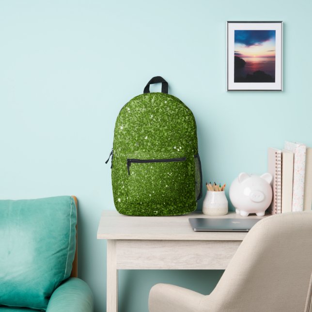 Light green faux glitter sparkles printed backpack (Insitu)