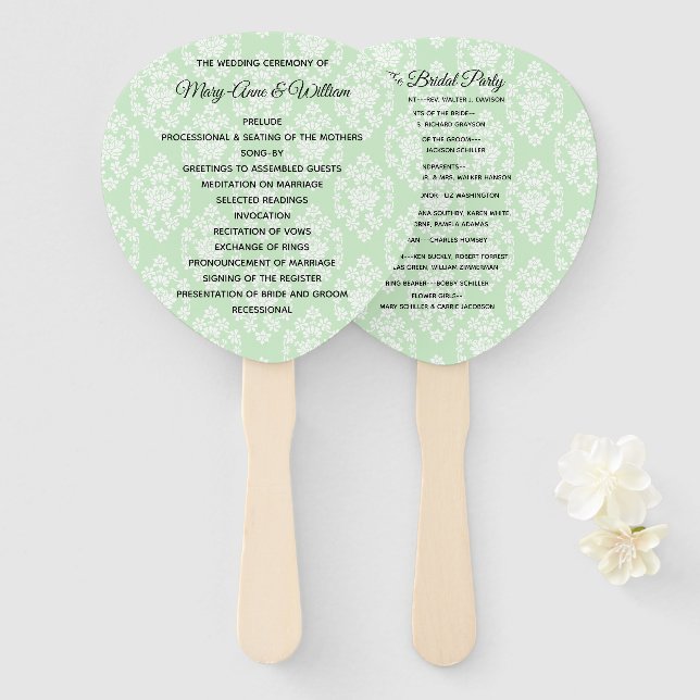 Light Green Floral Damask Wedding Program Fan (Front and Back)