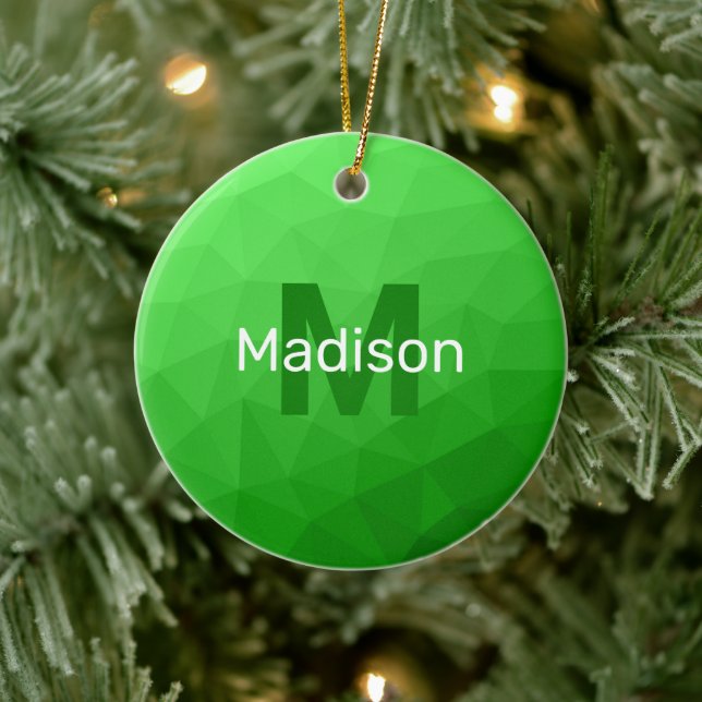 Light green geometric mesh pattern Monogram Ceramic Ornament (Tree)